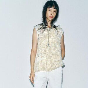 Zara Beige Cream Ecru Open Knit Sleeveless Sweater Tank Top Size M